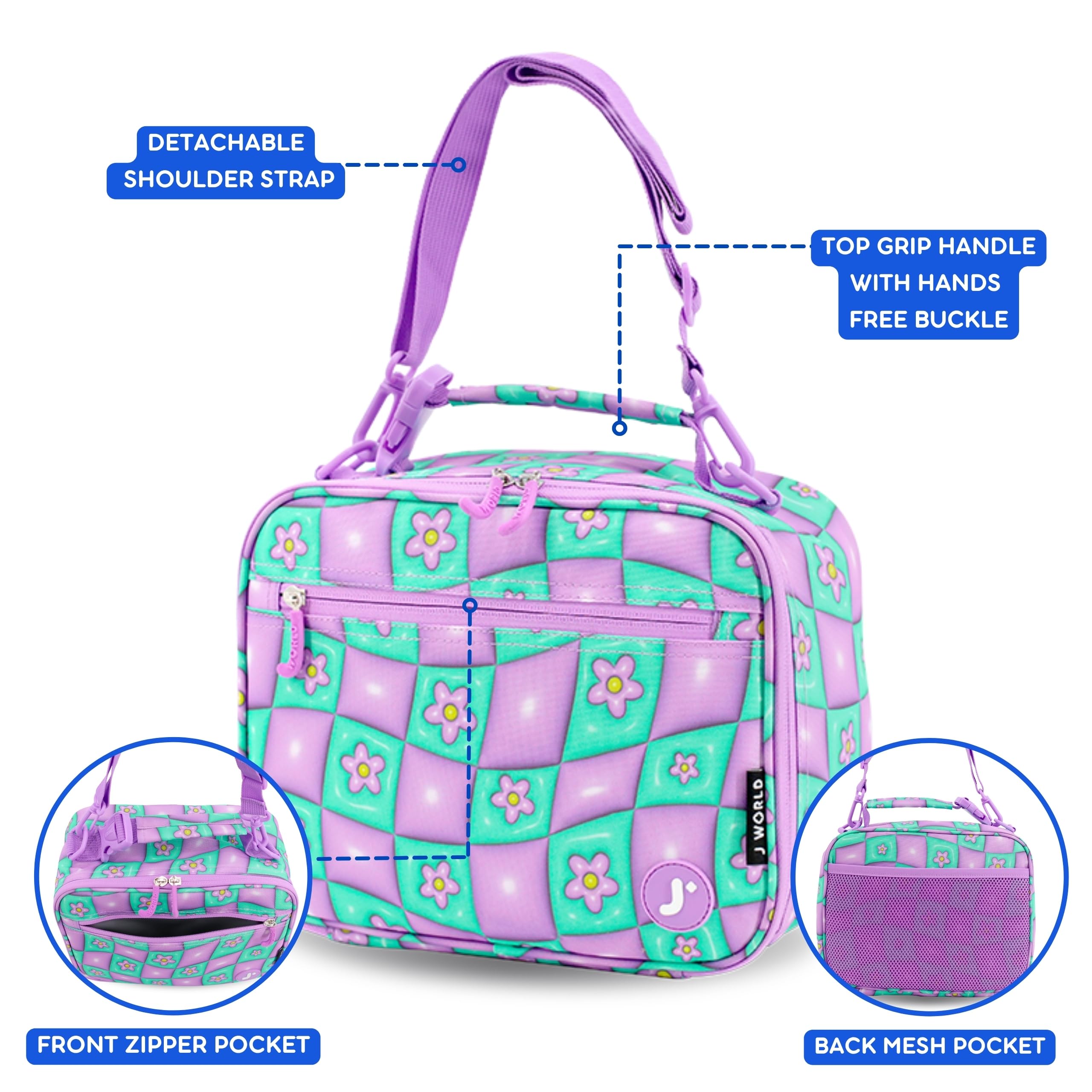 Bundle of J World Sunrise Girls Rolling Backpack with Lunch Box. Roller Bookbag Set + Matching Cody Lunch Bag for School, Puffy Flower - Image 5