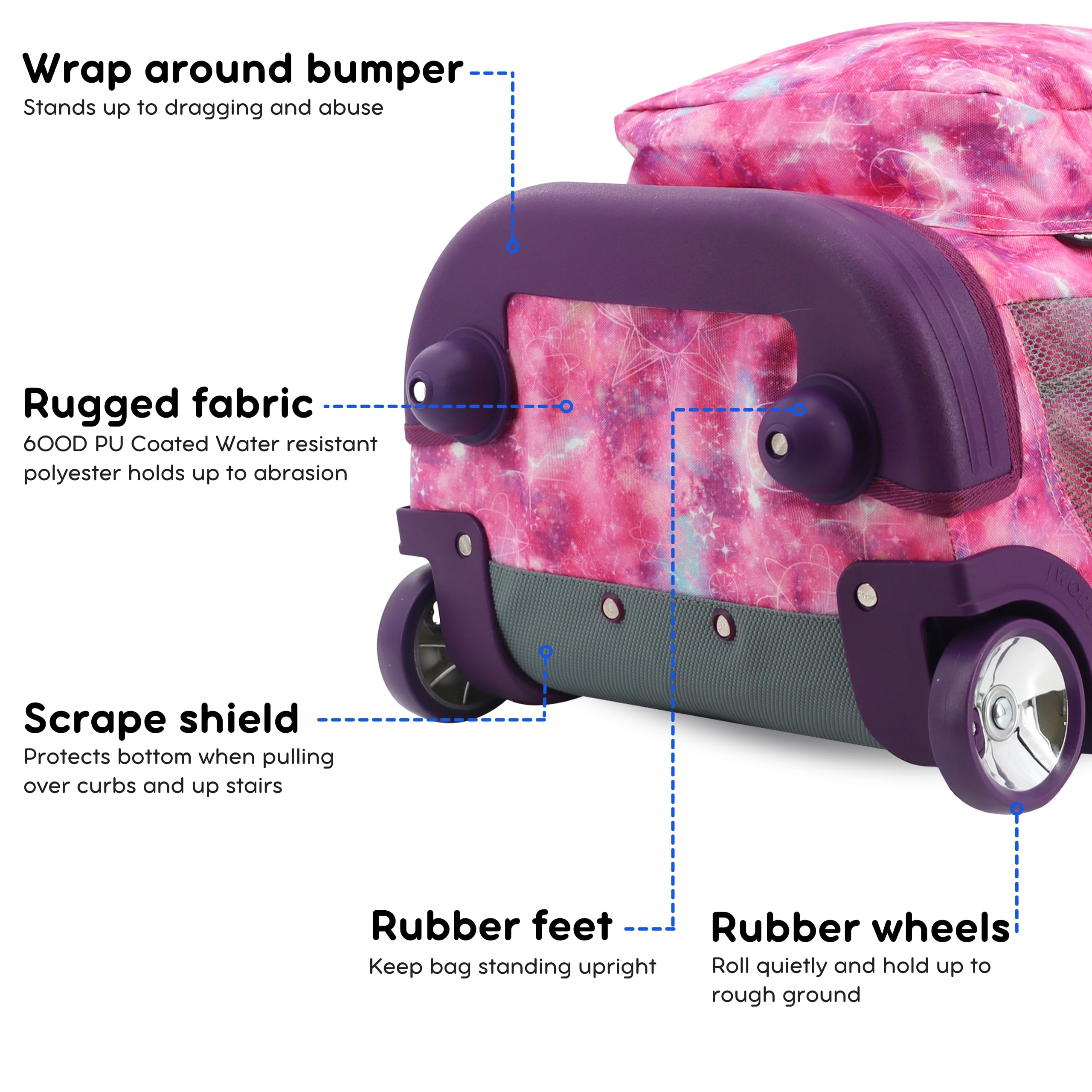 Bundle of J World Sunrise Kids Rolling Backpack with Lunch Bag. Roller Bookbag with Wheels + Matching Cody Lunch Box for School, Purple Galaxy - Image 4