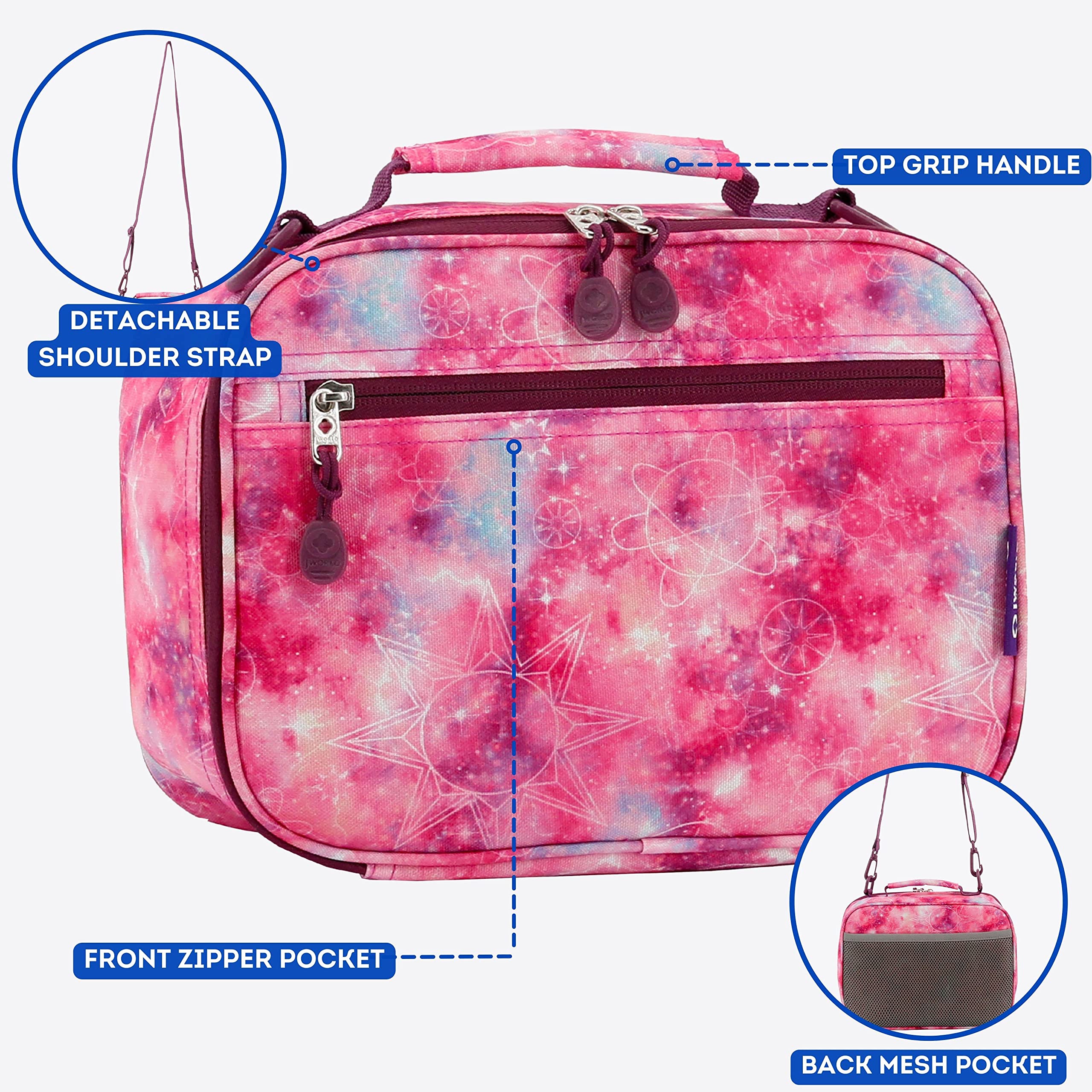 Bundle of J World Sunrise Kids Rolling Backpack with Lunch Bag. Roller Bookbag with Wheels + Matching Cody Lunch Box for School, Purple Galaxy - Image 5