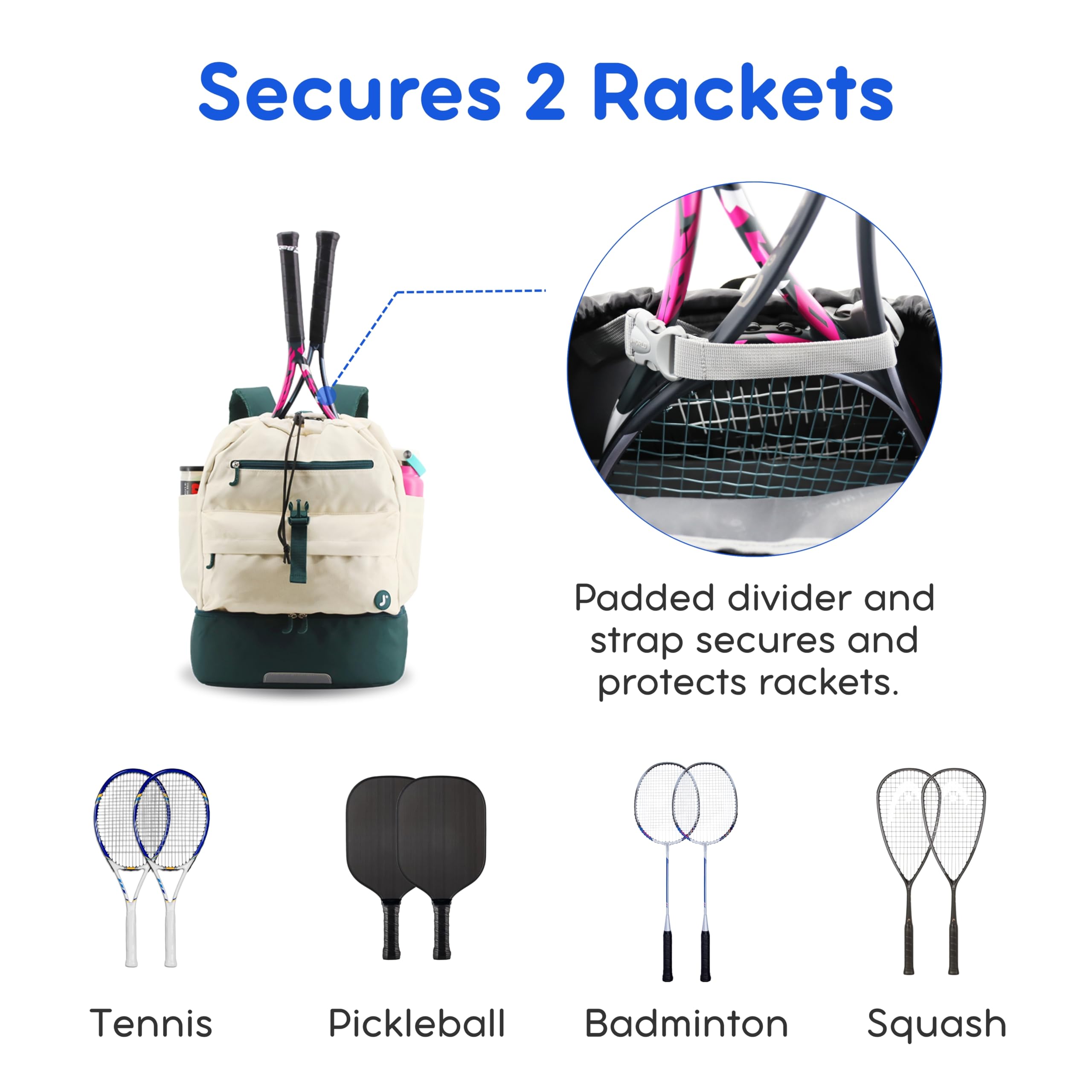 J World Ace 2 Racket Tennis Backpack for Women Men. Badminton Squash Pickleball Bag. Kids Sports Gym Bag w/Shoe Compartment - Image 5