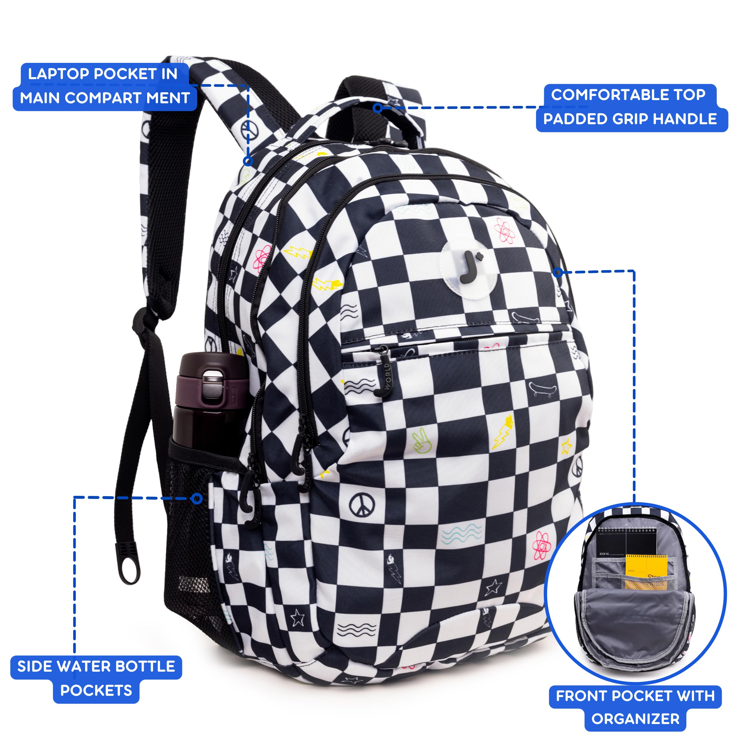 J World Cornelia Middle School Backpack for Kids. Student Laptop Bookbag, Icon Checkers - Image 3