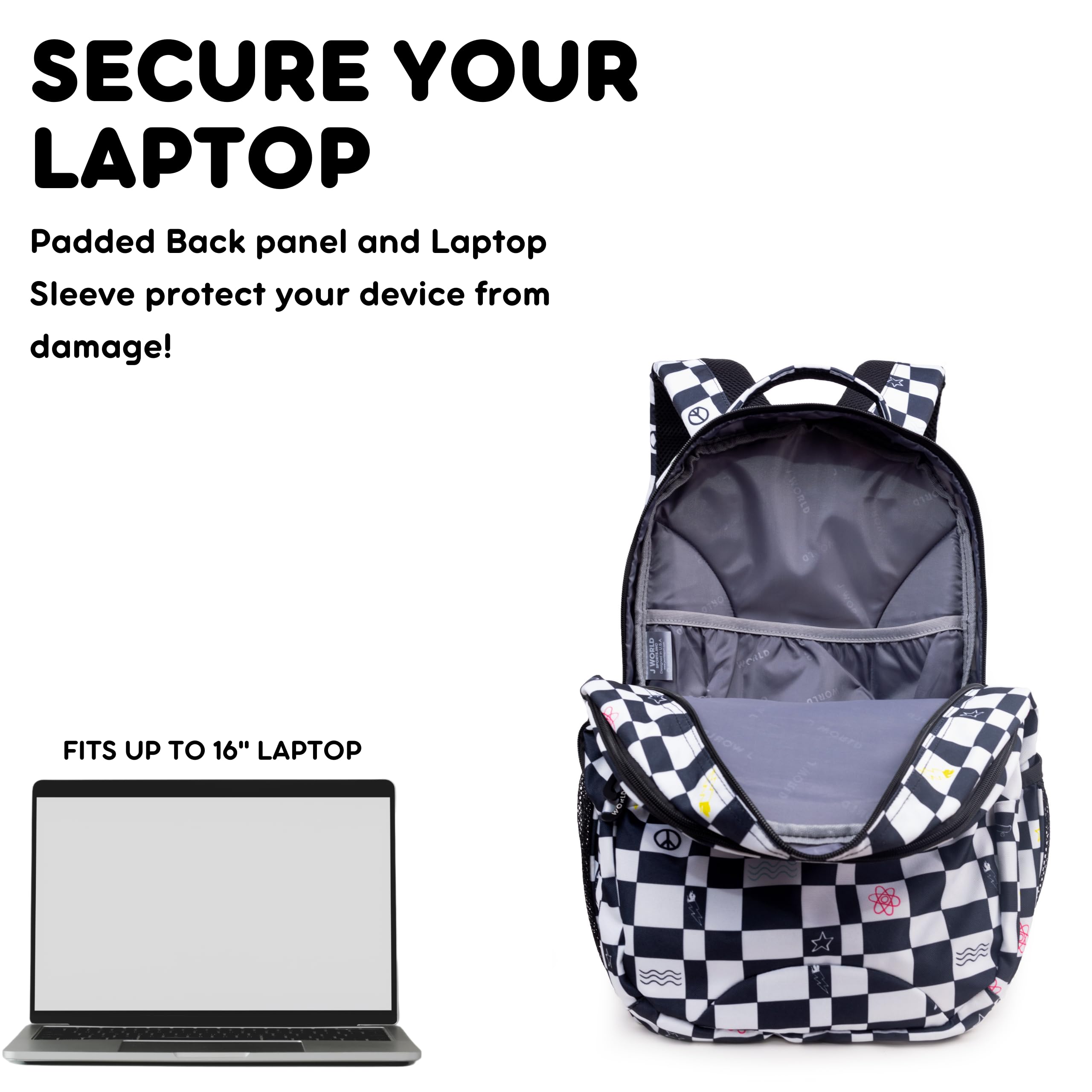 J World Cornelia Middle School Backpack for Kids. Student Laptop Bookbag, Icon Checkers - Image 6