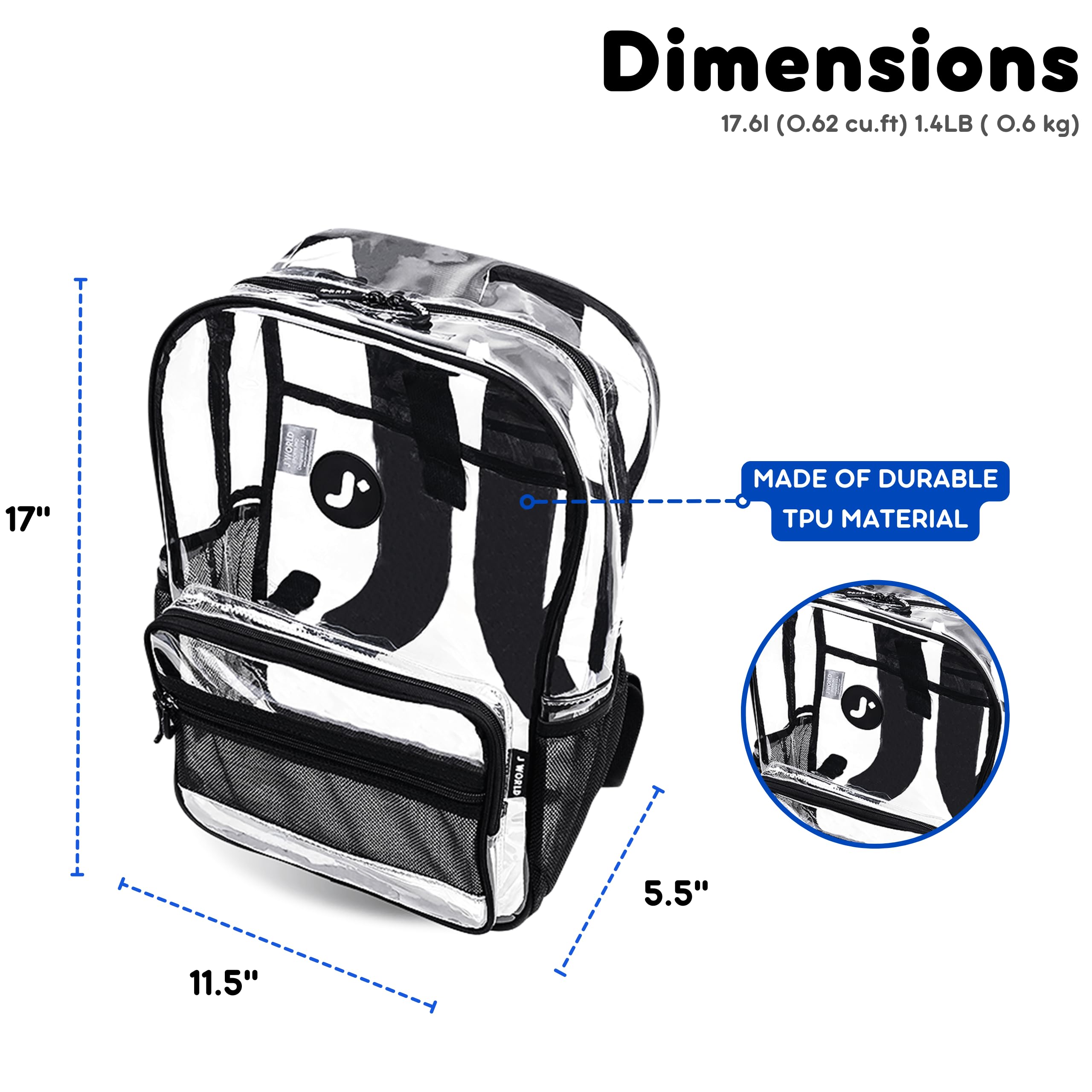 J World Heavy-Duty Clear Backpack for Men Women Kids. Large Transparent See Through TPU Laptop Bookbag for School, Clear - Image 3