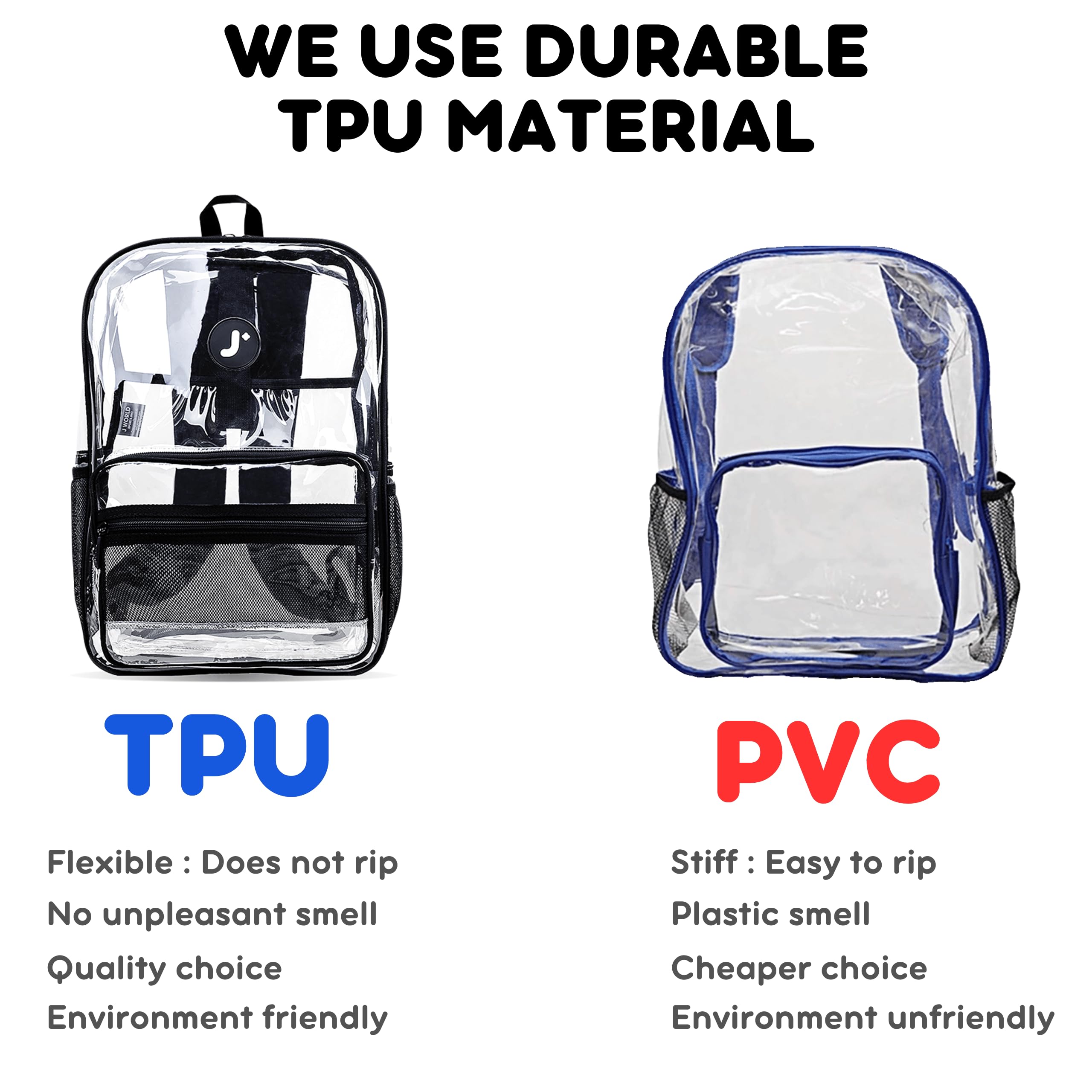 J World Heavy-Duty Clear Backpack for Men Women Kids. Large Transparent See Through TPU Laptop Bookbag for School, Clear - Image 4