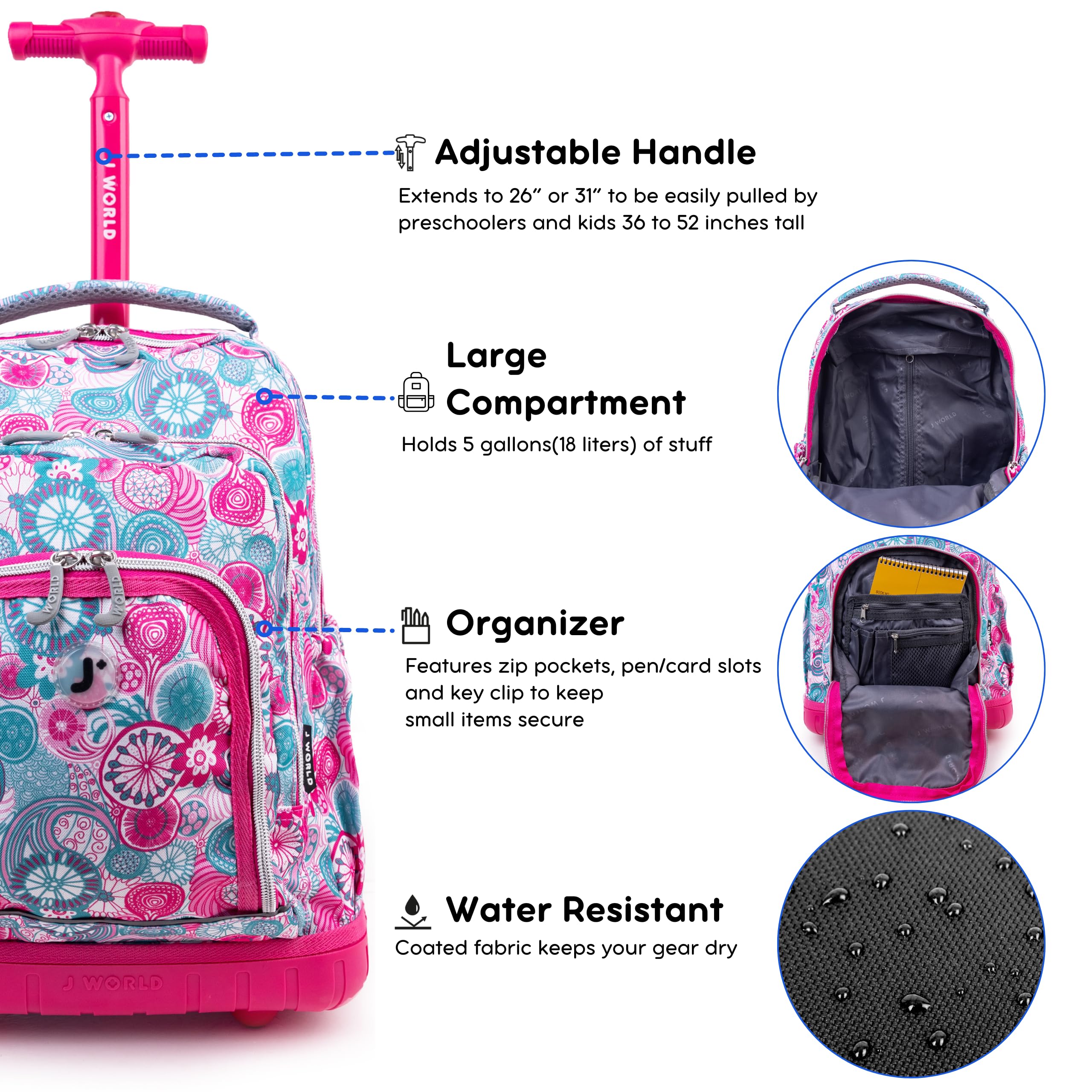 J World Lollipop Kids Rolling Backpack & Lunch Bag Set for Elementary School. Carry-On Suitcase with Wheels, Blue Raspberry - Image 5