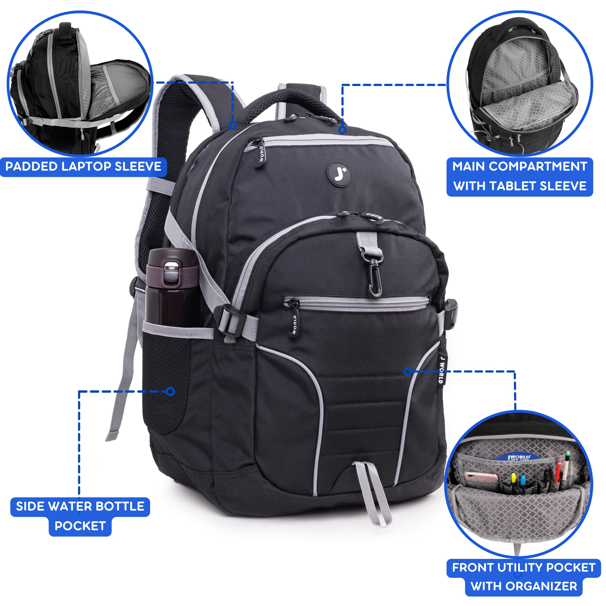 J World New York Atom Laptop Backpack – Ergonomic Backpack for School with Air Mesh Padded Shoulder Straps – 600D Polyester Work Backpack for Men and Women – Stylish Design (BLACK) - Image 3