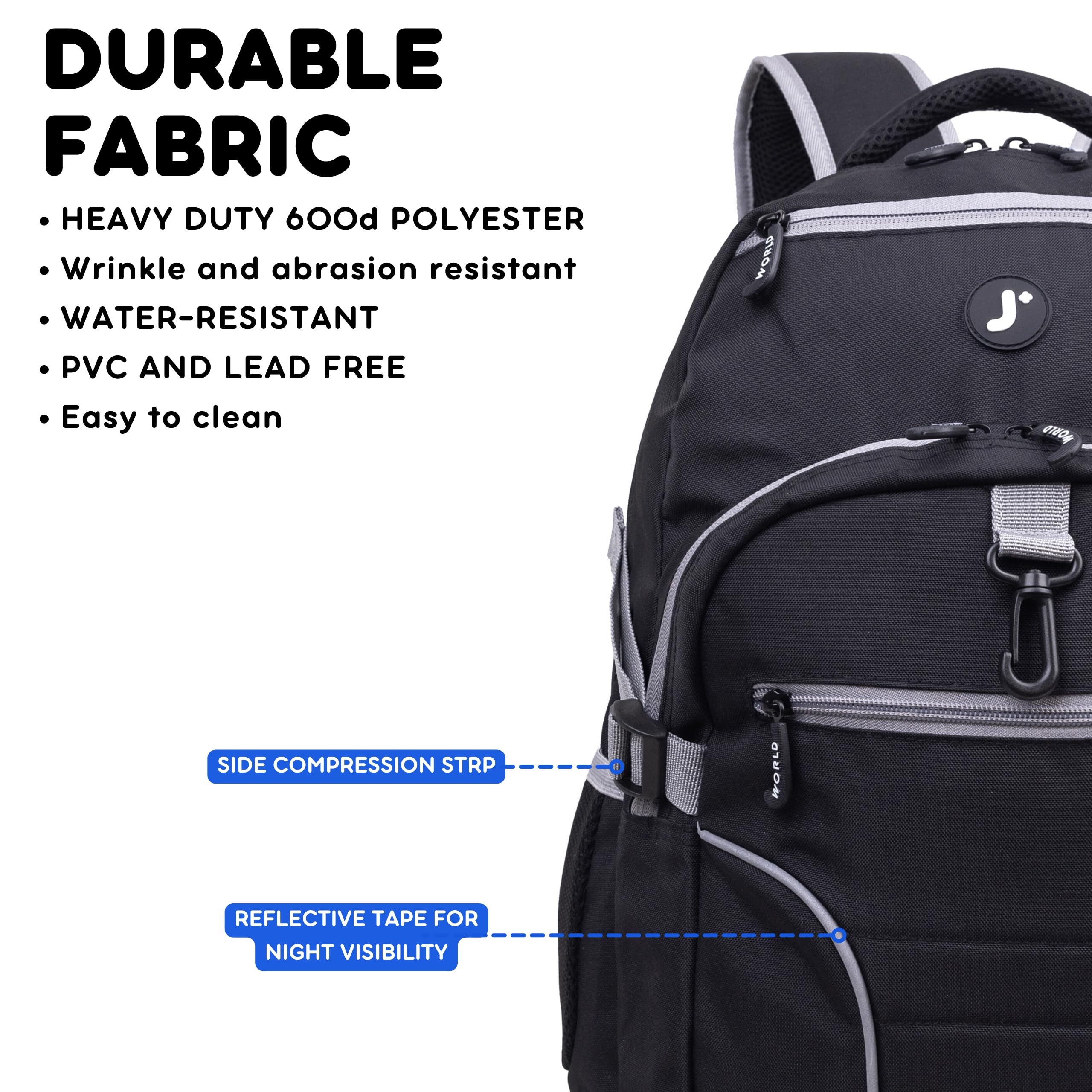 J World New York Atom Laptop Backpack – Ergonomic Backpack for School with Air Mesh Padded Shoulder Straps – 600D Polyester Work Backpack for Men and Women – Stylish Design (BLACK) - Image 4