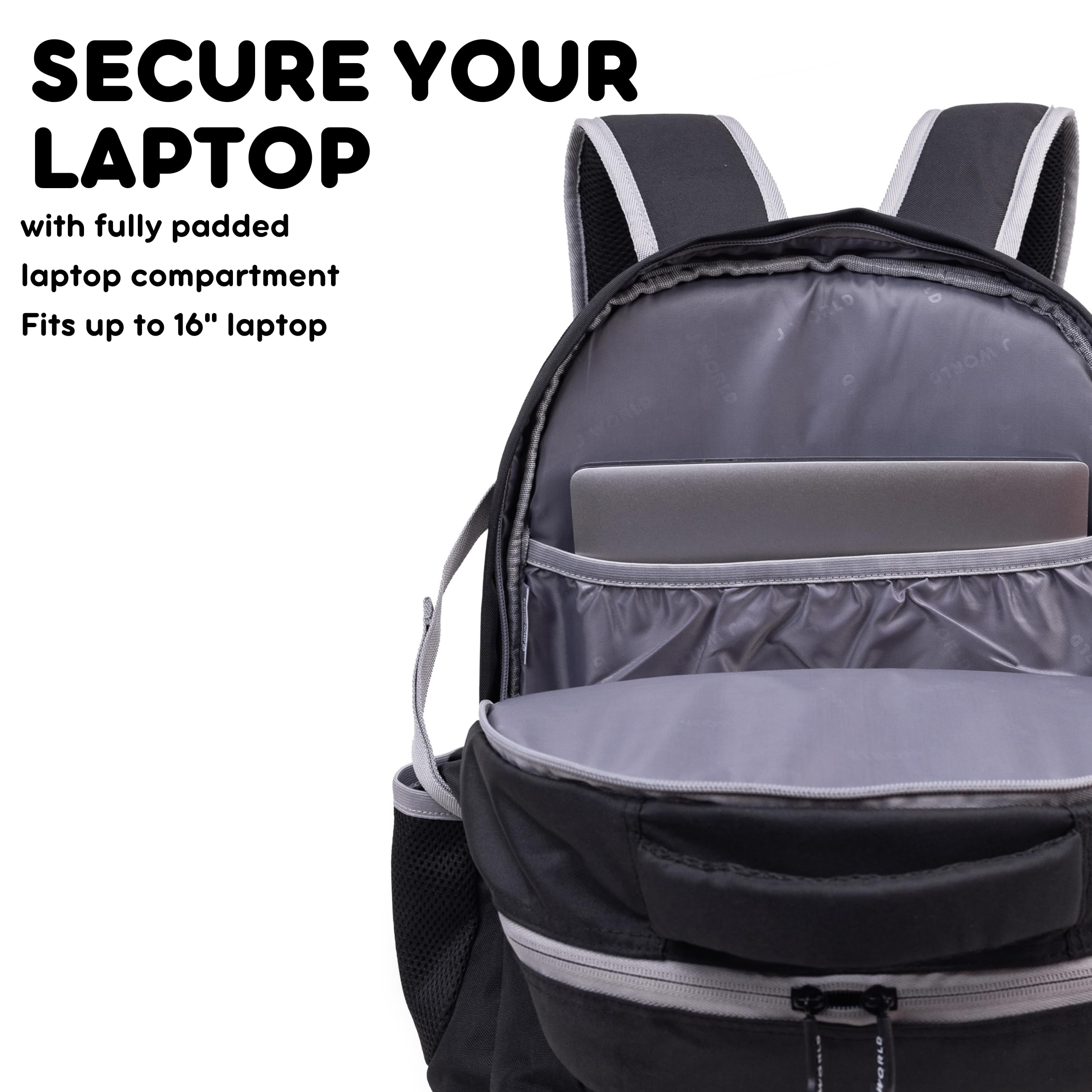 J World New York Atom Laptop Backpack – Ergonomic Backpack for School with Air Mesh Padded Shoulder Straps – 600D Polyester Work Backpack for Men and Women – Stylish Design (BLACK) - Image 6