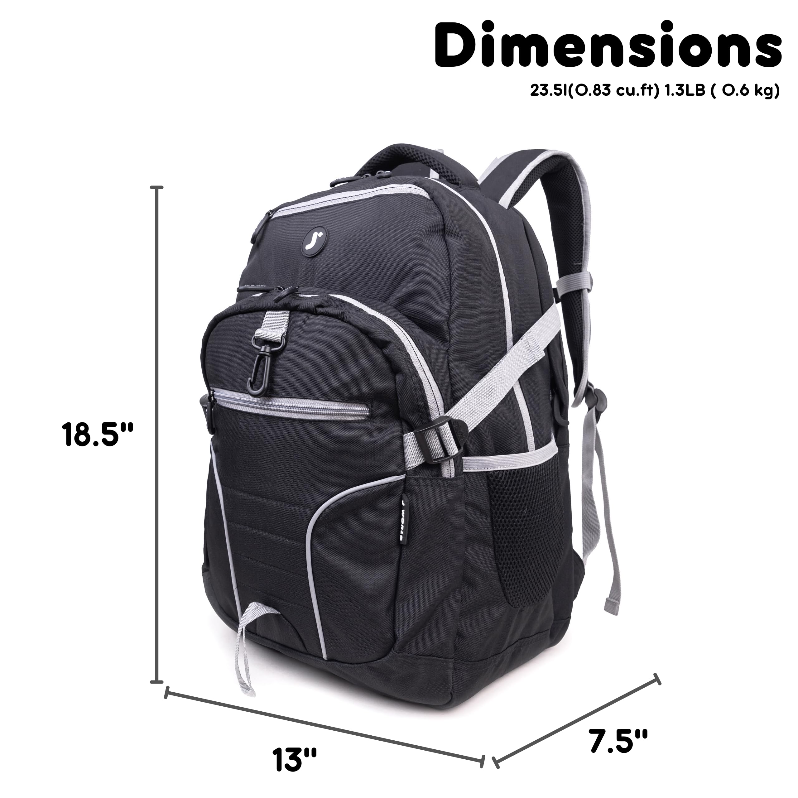 J World New York Atom Laptop Backpack – Ergonomic Backpack for School with Air Mesh Padded Shoulder Straps – 600D Polyester Work Backpack for Men and Women – Stylish Design (BLACK) - Image 7