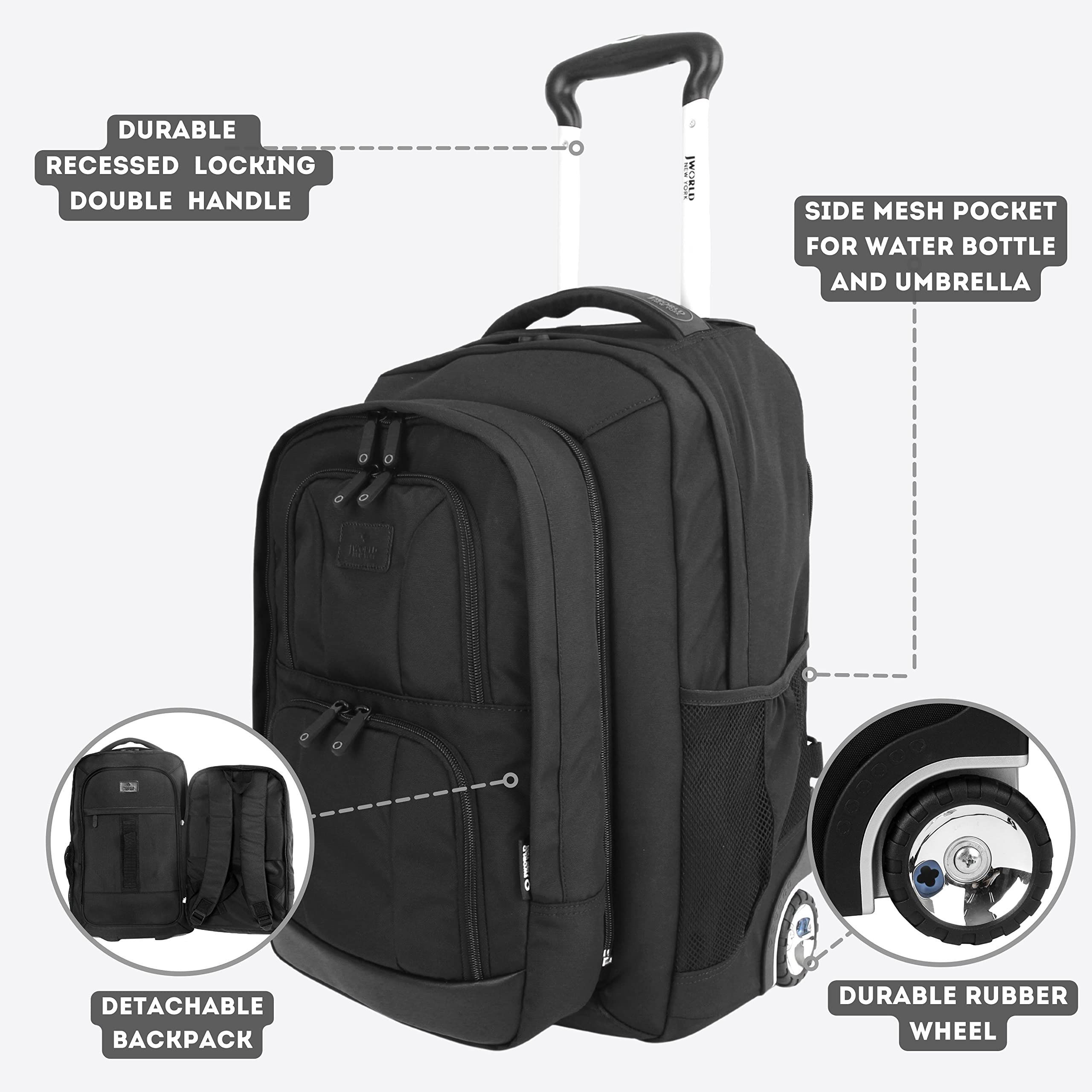 J WORLD NEW YORK Dustin Rolling CarryOn Travel Backpack w/Day Pack, Black, One Size - Image 3