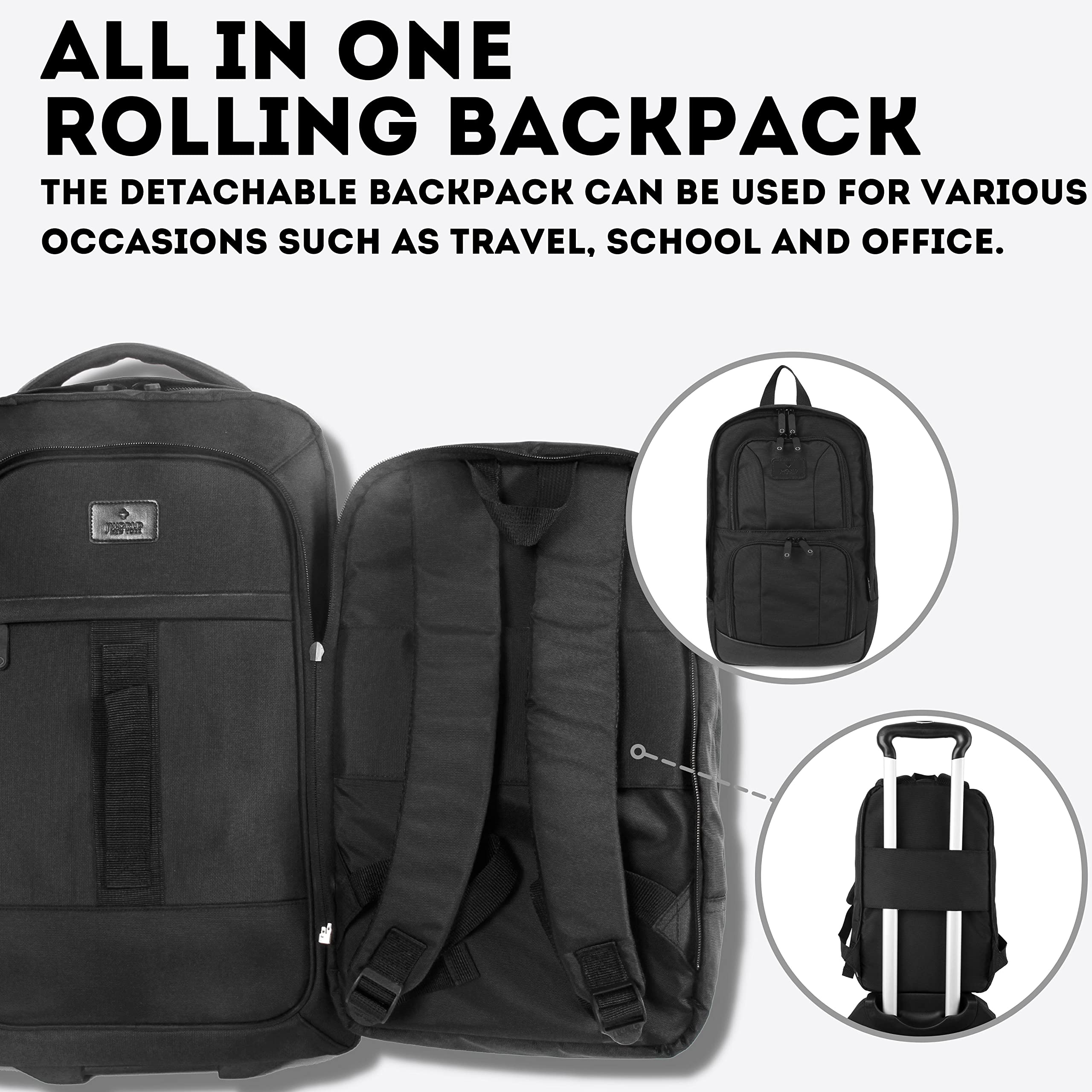J WORLD NEW YORK Dustin Rolling CarryOn Travel Backpack w/Day Pack, Black, One Size - Image 4