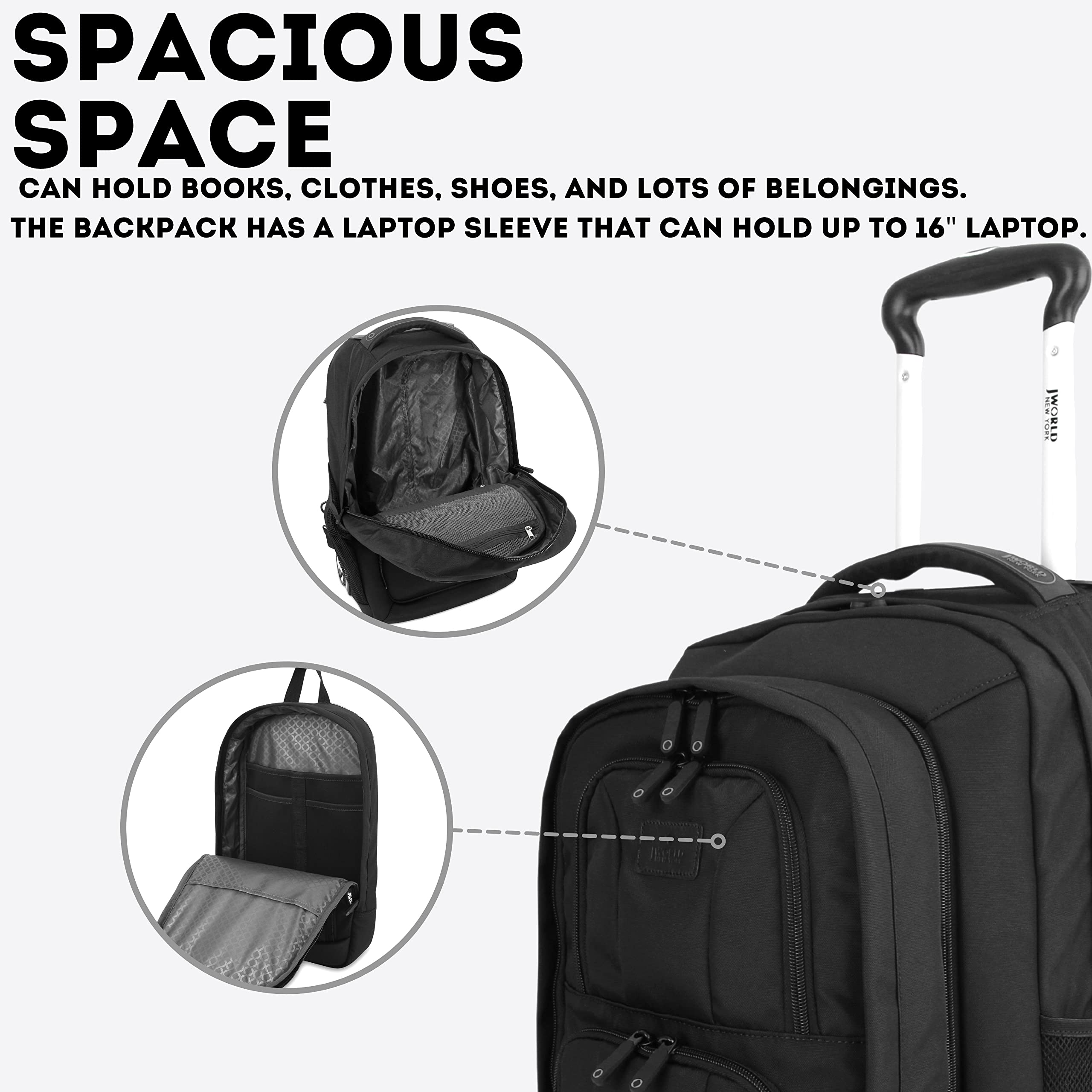 J WORLD NEW YORK Dustin Rolling CarryOn Travel Backpack w/Day Pack, Black, One Size - Image 5