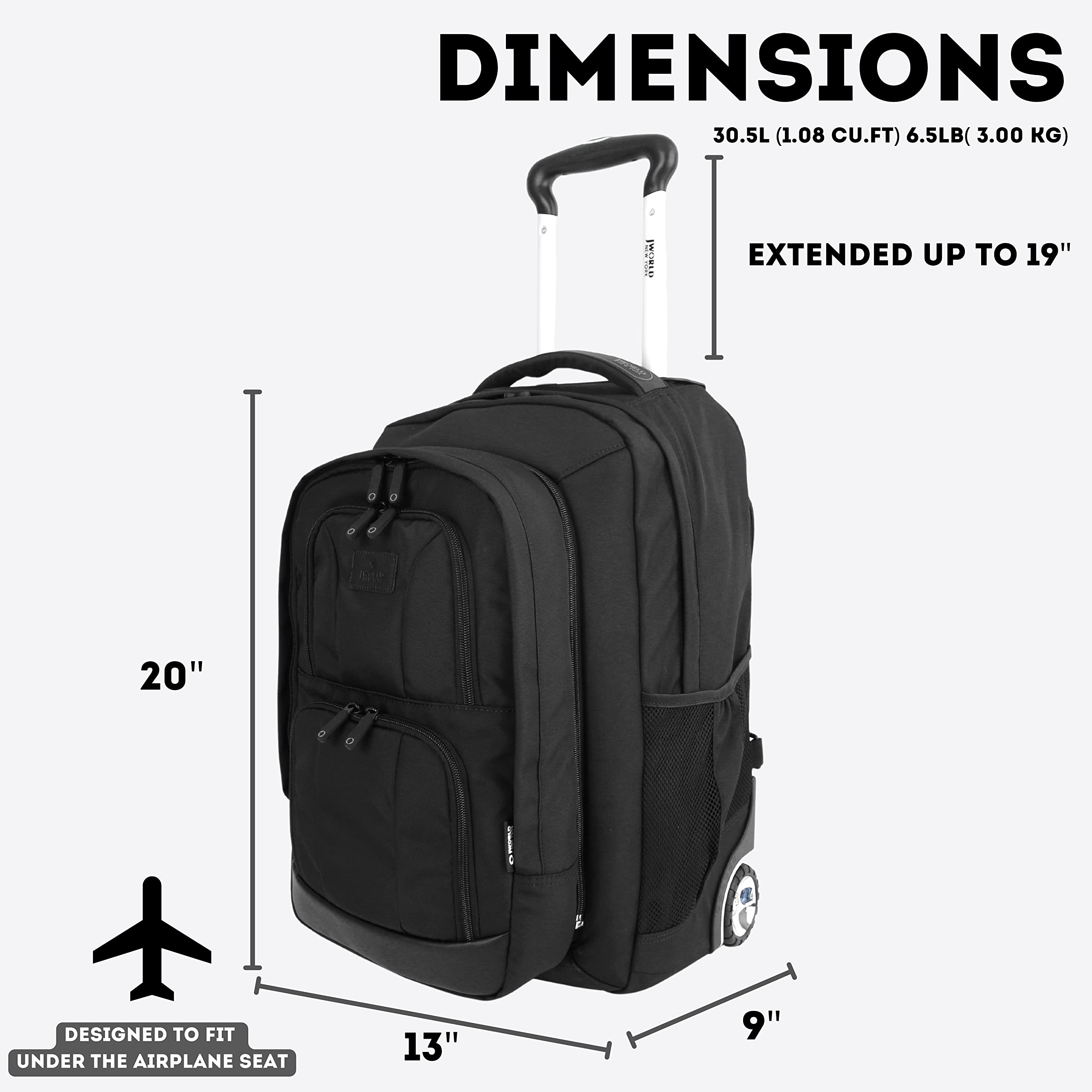 J WORLD NEW YORK Dustin Rolling CarryOn Travel Backpack w/Day Pack, Black, One Size - Image 7