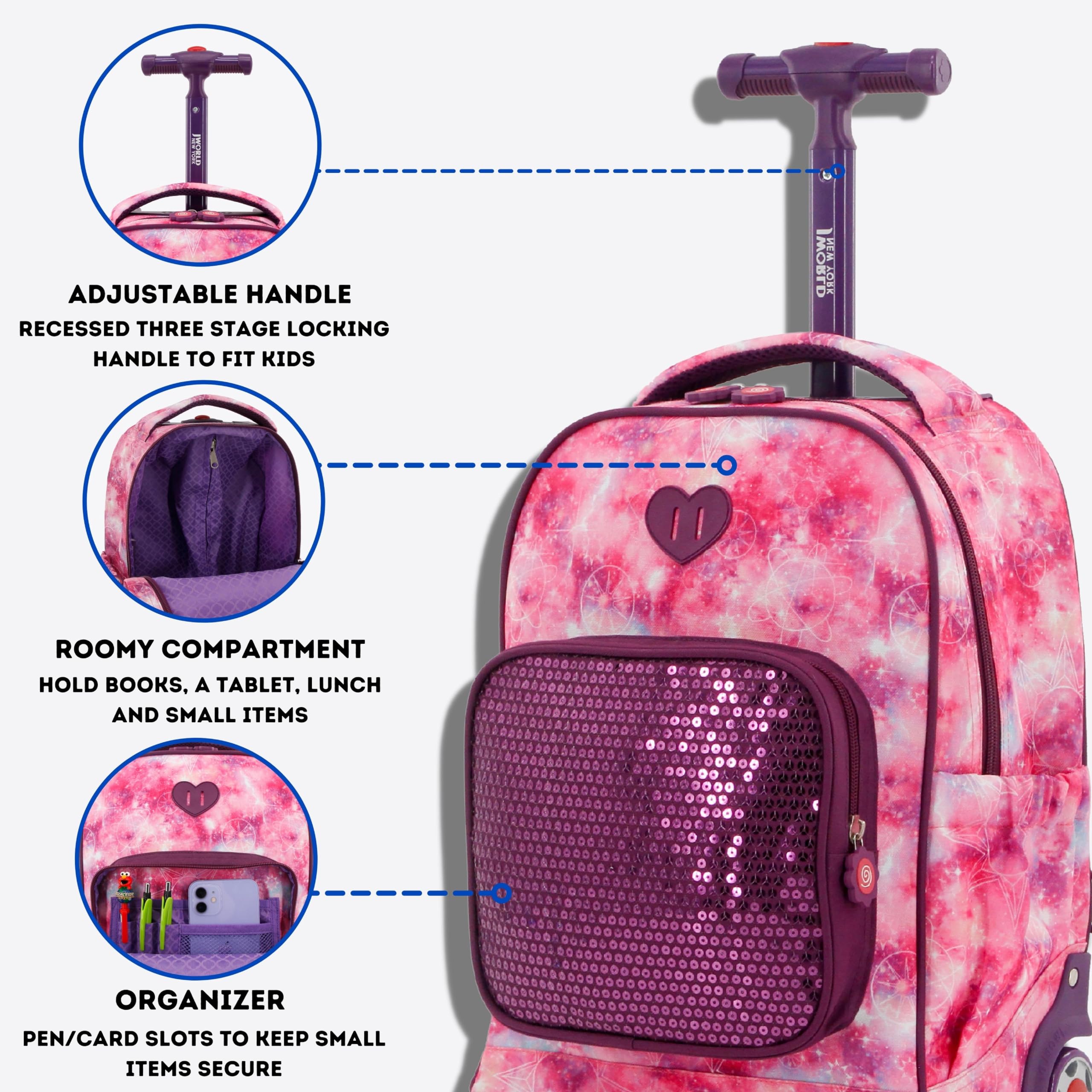 J World New York Sparkle Rolling Backpack - Image 3